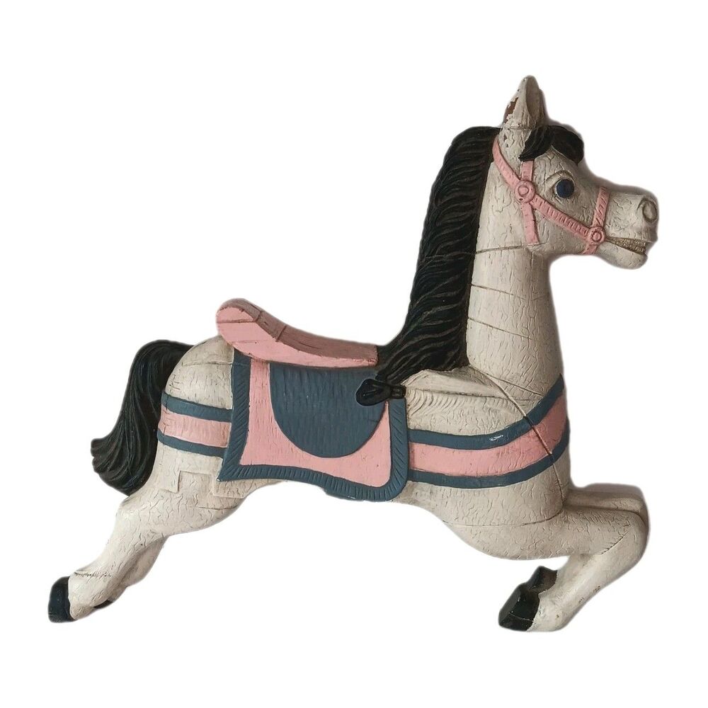 Vintage Yorkraft Carousel Horse Carved Wall Plaque White Pink Blue Black Mane